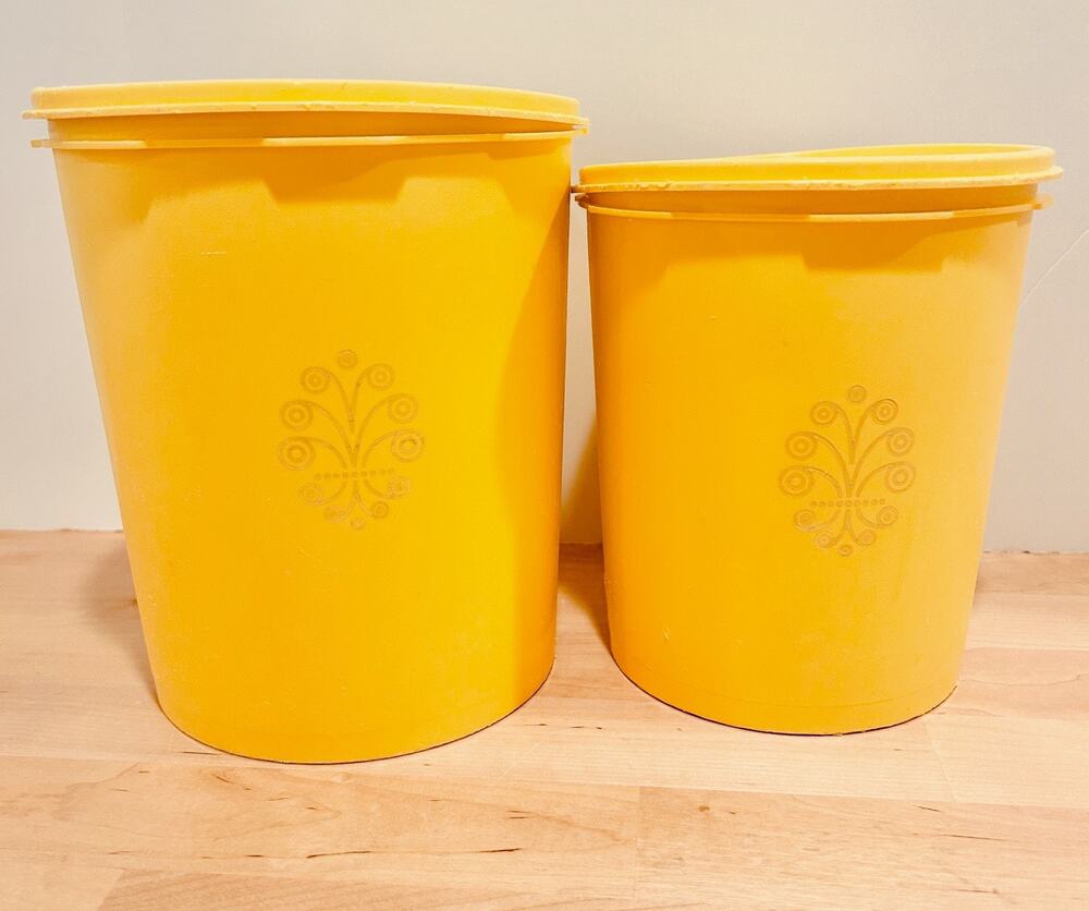Vintage 1970s Tupperware Canister Set 2 Harvest Gold Yellow Servalier Butterfly